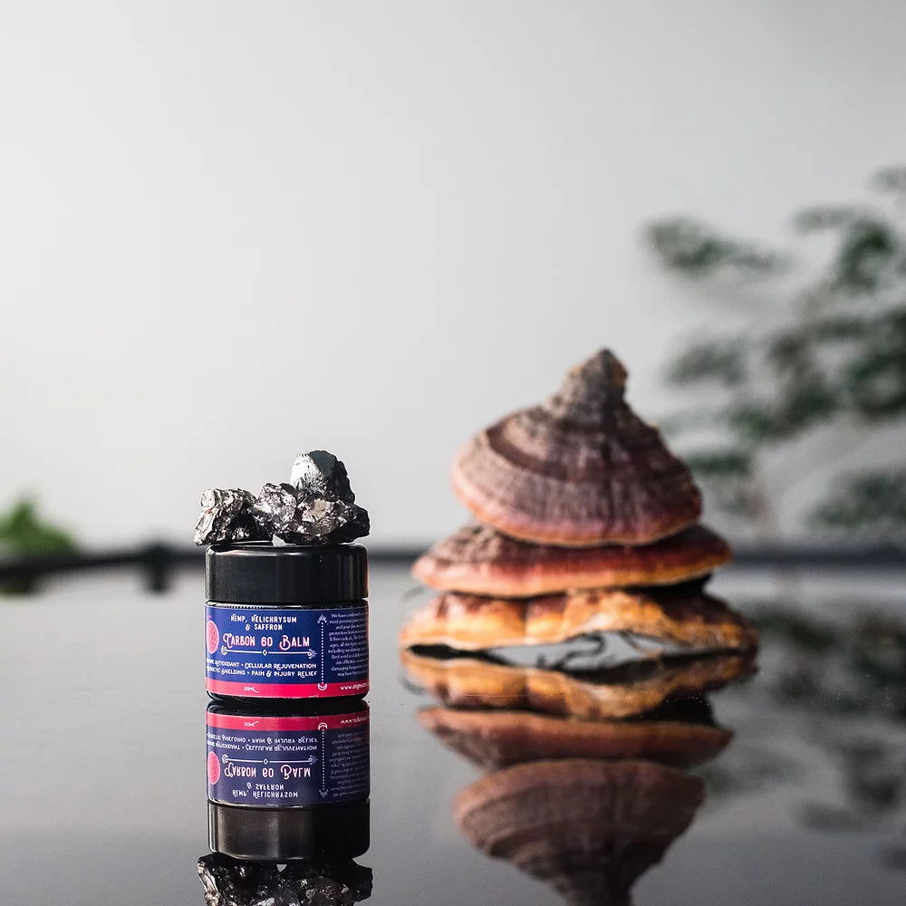 Carbon 60 Oil in Australia displayed with natural mushroom elements in a minimalist wellness setting.