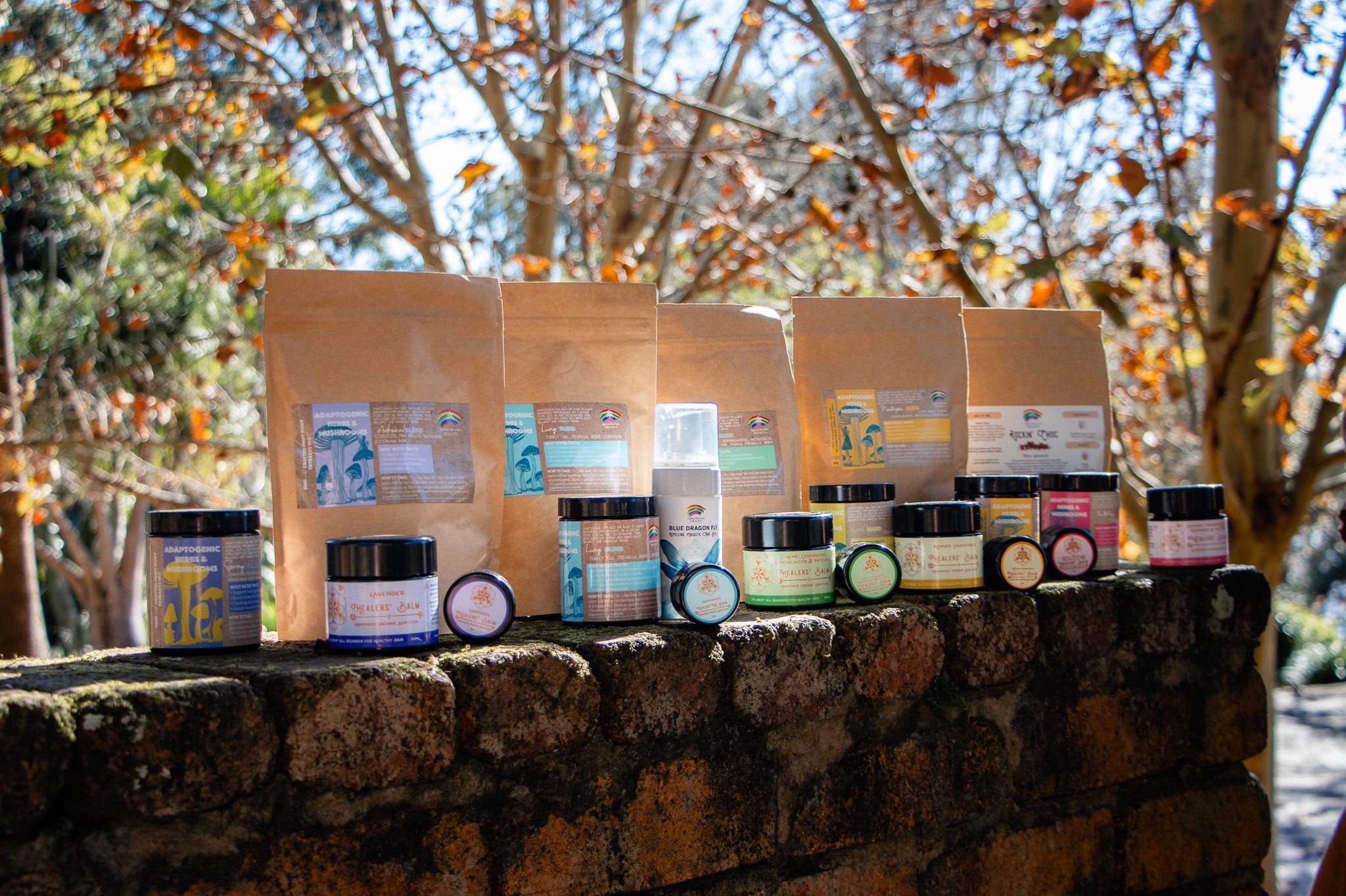 natural sleep supplements and wellness products displayed outdoors in sunlight