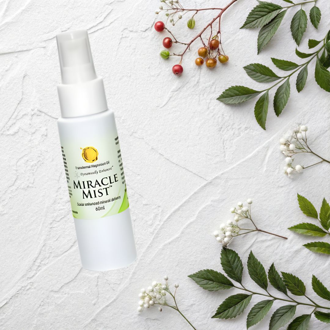 Miracle Mist bottle on a textured white surface with green leaves and berries.